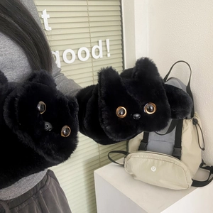 Cute black plush cat gloves for winter warmth featuring realistic faux fur and 3D details