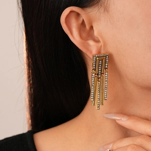 Vintage gold geometric tassel earrings with rhinestones for a luxury retro style
