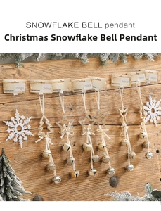 Hanging Christmas bell ornaments with snowflake and star shapes on rustic wood background