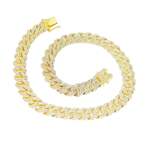 Men's hip hop 15mm gold Cuban chain necklace with three rows of sparkling crystal rhinestones