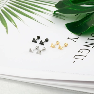 Minimalist triangle titanium steel stud earrings in black, gold, and silver finishes