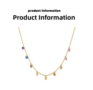 Detail of 18K gold-plated chain featuring seven vibrant rainbow round crystal pendants