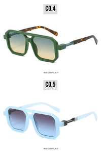 Detailed 45-degree view of square pilot sunglasses in green and blue gradient colors