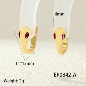 Detail view of gold cobra hoop earrings with red gem eyes showing 11x12mm dimensions