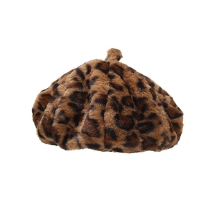 Béret en peluche pour femme avec imprimé léopard élégant en fausse fourrure douce