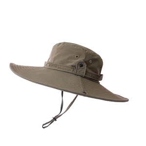 Olive green wide brim sun hat with adjustable chin strap for outdoor hiking and travel
