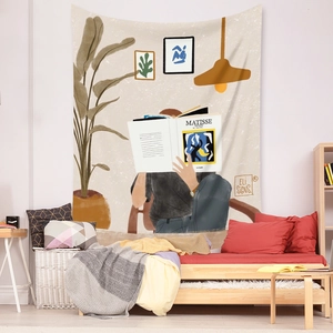 Detail of Matisse style tapestry showing artistic illustration in modern home setting
