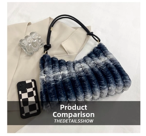 Detail view of the plush striped handbag with blue and white gradient faux fur texture