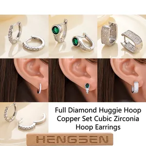 Geometric Hoop Earrings Copper Cubic Zirconia Pave Silver Tone Elegant Fashion Accessory For Women