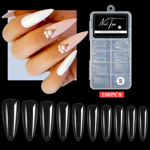 Transparante stiletto nageltips in opbergdoos met verschillende maten en 100 stuks totaal