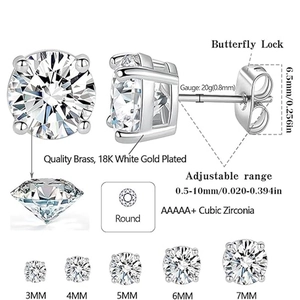 Stainless steel round cubic zirconia stud earrings with butterfly lock in multiple sizes