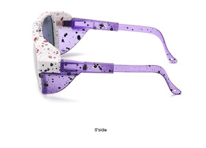Side view of white and red polka dot sport sunglasses with purple translucent temples