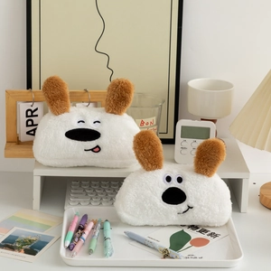 Cute large capacity plush dog-shaped pencil case for student desk organization