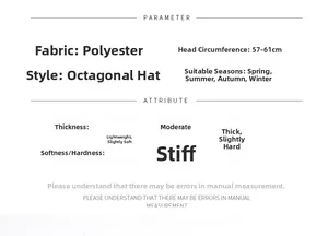 Size chart and specifications for lightweight polyester newsboy cap with 57-61cm circumference