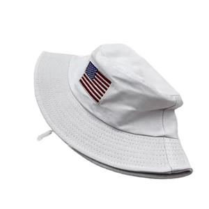 White canvas bucket hat with American flag embroidery and adjustable drawstring
