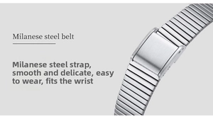 Detail of silver Milanese steel watch strap with smooth adjustable folding buckle