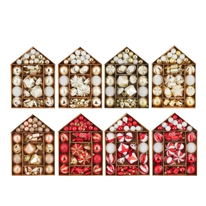 Christmas ball ornament set featuring diverse shapes and colors in an 8-box display grid