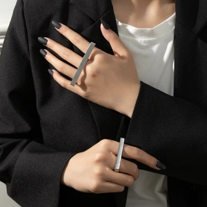 Chunky silver rectangle double finger rings for men in a bold hip hop style design
