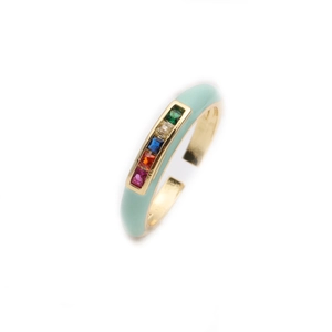 Adjustable gold ring with teal enamel and colorful square zircon stones detail