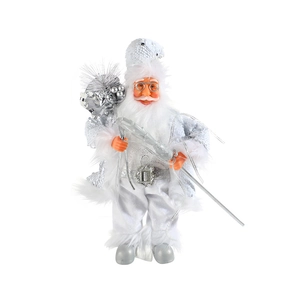 Standing Santa Claus figurine in silver sequined jacket with staff and gift bag