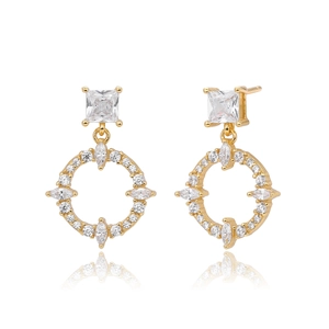 Detailed macro view of S925 silver earrings with square zircon and geometric gold finish