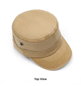 Top view of khaki cotton flat top military cap with metal eyelets and stitched details