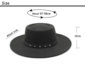 Detail view of black wool boater hat with silver star studs and size specifications