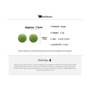 Detail view of grass green acrylic stud earrings with 925 silver needle and 1.5cm size
