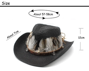 Detailed dimensions of straw cowboy hat with ethnic feather and coin band decoration