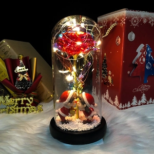 Close-up of LED glowing red gold rose with miniature couple in a glass dome gift box