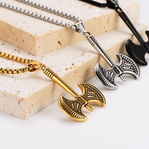 Men's battle axe pendant necklace set in gold, silver and black finishes