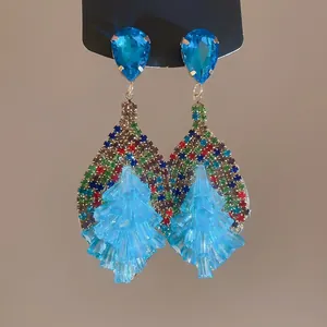 Vintage Bohemian Drop Earrings 925 Sterling Silver Earring Post Blue Crystal Colorful Rhinestone Leaf Pendant Fashion Jewelry