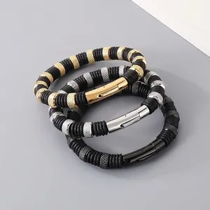 Men's Industrial Style Bracelet Stainless Steel And Knurled Rubber Woven Trendy Fashion Jewelry For Men