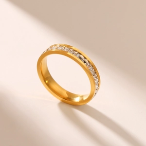 Macro view of 18K gold plated stainless steel ring with channel-set zircon stones