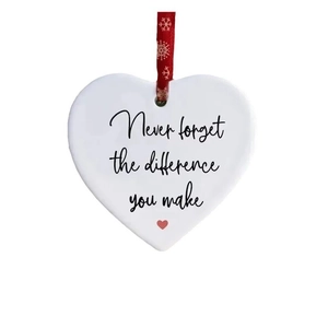 Ceramic heart ornament with Never Forget text and red snowflake ribbon for Christmas tree