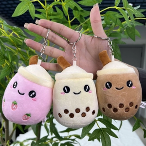 Cute boba tea plush keychain in pink, beige and brown with metal ring and soft texture