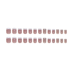 French tip press-on nails with silver glitter in nude pink, 24 pieces square-oval set