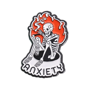 White skeleton smoking on red flames badge with ANXIETY text in white banner
