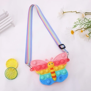 Close-up of rainbow silicone butterfly pop-it purse with adjustable strap and bee detail