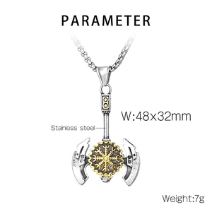 Detail of Viking axe pendant showing 48x32mm dimensions and 7g weight in stainless steel