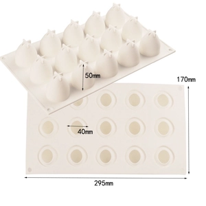 Detailed dimensions of 15-cavity silicone mold measuring 295mm by 170mm for baking
