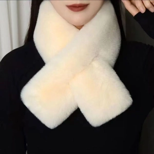 Close-up of soft beige faux mink fur scarf showing the premium plush texture and thick warmth