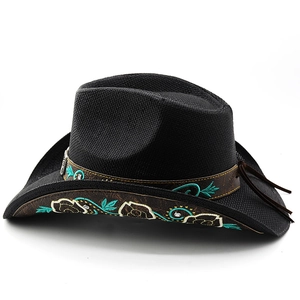 Detail of black woven cowboy hat with turquoise embroidery and rhinestone accents