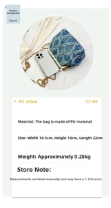 Size comparison of blue denim PU evening bag with pearl chain and metal frame closure