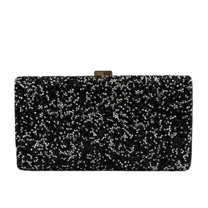 Elegant rectangle evening clutch bag with black and silver rhinestones on white background