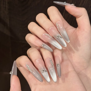 Long Stiletto Press On Nails Ice Translucent Cat Eye Gradient Silver Gray Glitter Handmade Rhinestone Sparkling Finger Tips