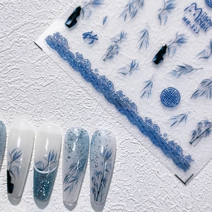 Ink wash style nail stickers with traditional Chinese bamboo and wave motifs, model MN-304