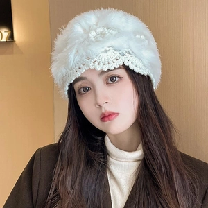 Women's handmade crochet rabbit fur knit beanie hat in white with floral hollow patterns