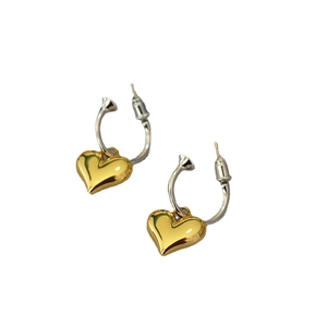 Minimalist gold and silver two-tone heart drop earrings with high-polished metal finish