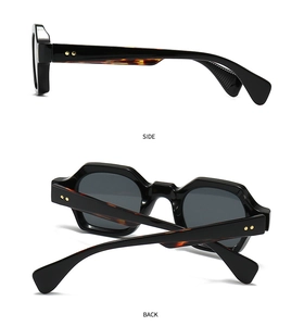 Side and back view of retro narrow hexagonal tortoiseshell sunglasses with gold temple dots